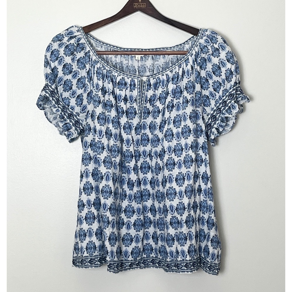 Paisley Ruffle Puff Sleeve Blouse Large Max Studio London Blue White Medallion